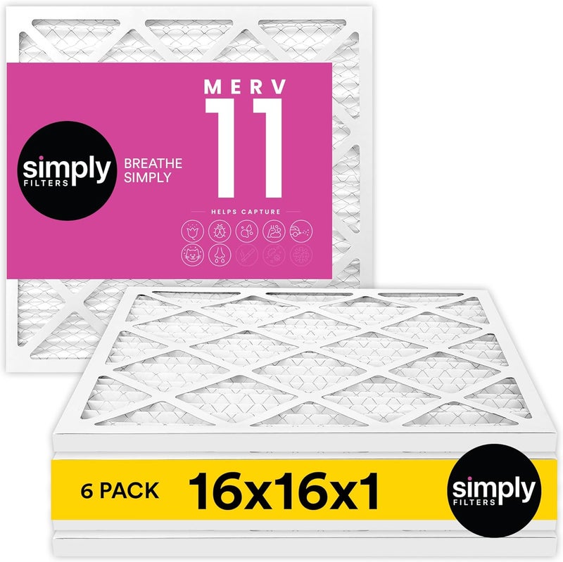 SIMPLY 16x16x1 Air Filter, Merv 11, 6 Pack, For Home AC Furnace & HVAC (Actual Size: 15.75"x15.75"x0.75") DUST, Pet, & Allergy Control - Image 1